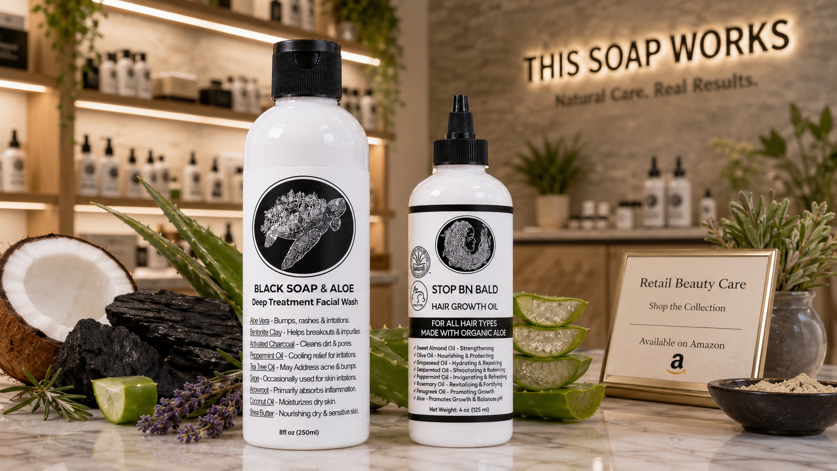 Customer holding Face and Body Liquid Black Soap with Aloe